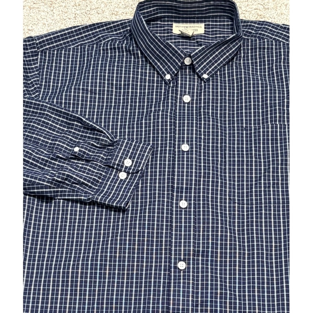 Duluth Trading Co Button Down Shirt Mens 3XL Blue Plaid Wrinkle Fighter Cotton
